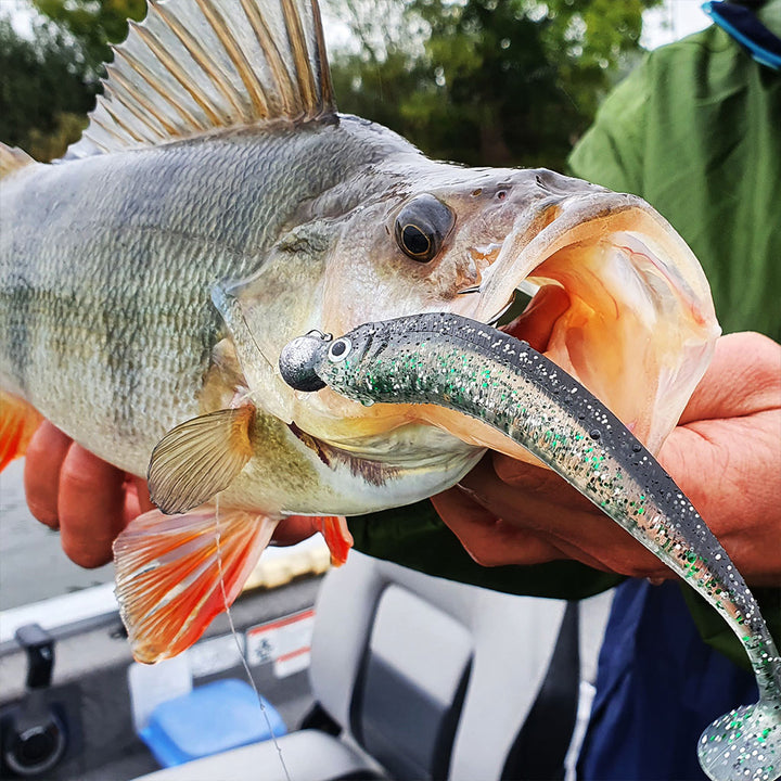 Angelhaken am Jig mit Gummiköder Barsch