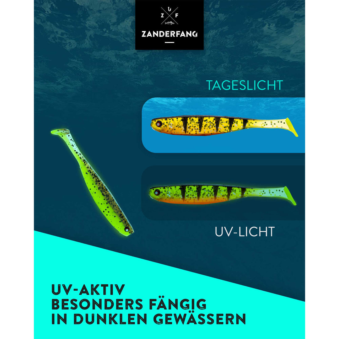 UV-aktive Gummifischer unter UV Licht