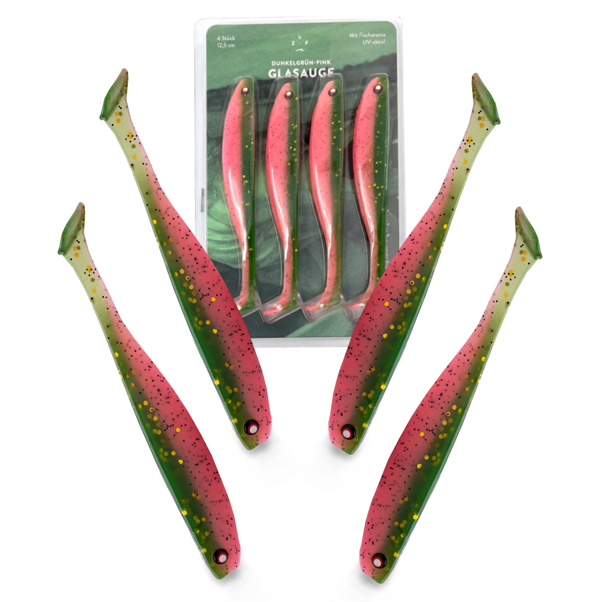 Zanderfang Glasauge in Pink-Grün 12cm Gummiköder