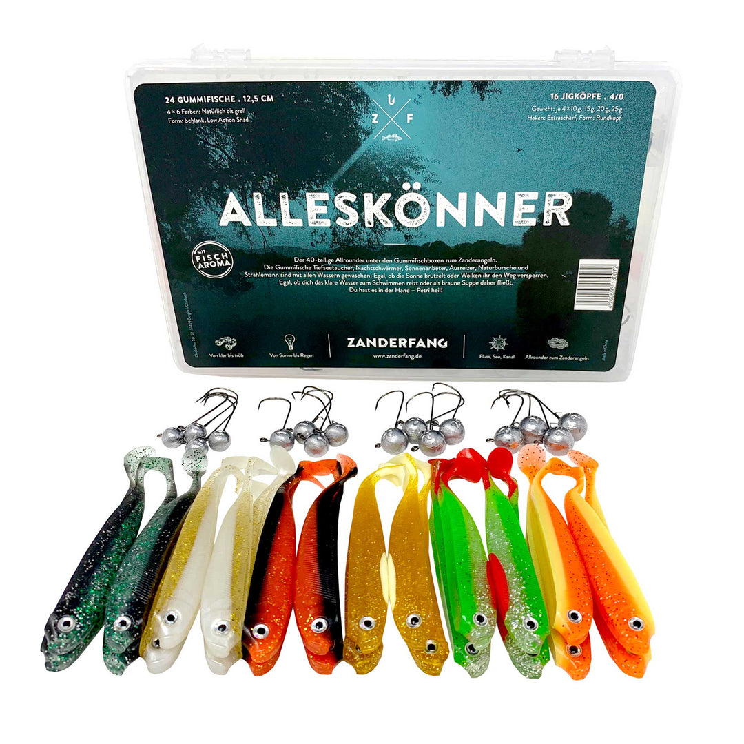 Zanderfang 40 Teile Box Gummifische mit Jigköpfen zum Zanderangeln mit Gummifisch | 24 Gummifische: 6 Farben; 12,5 cm | 16 Jigköpfe Größe 4/0: 10-25 Gramm