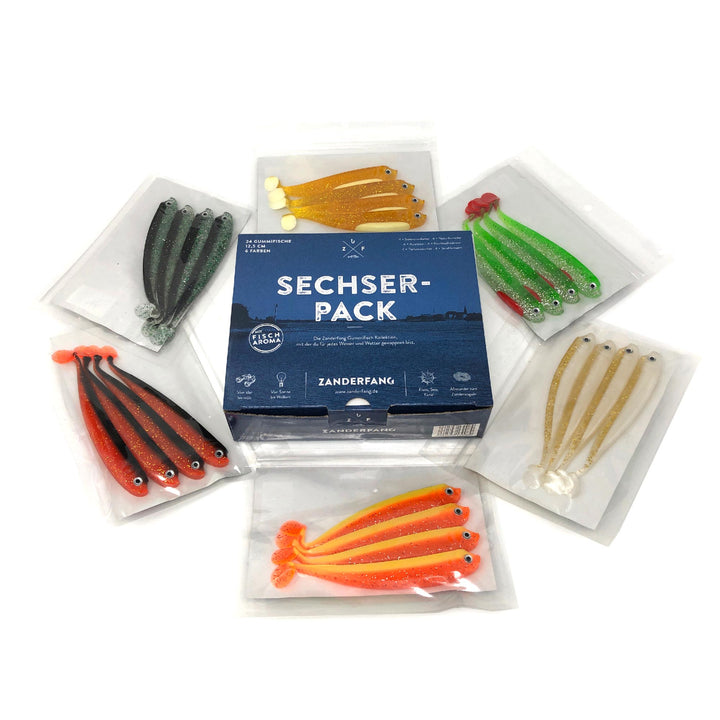 Zanderfang 24 Gummifische zum Zanderangeln mit Gummifisch 24er Set - Sechserpack - 6 Farben - 12,5 cm