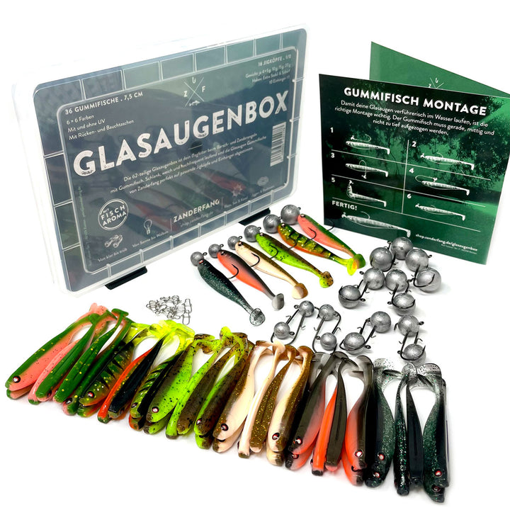Gummifische (36 Stück) mit passenden Jighaken (16 Stück) plus 10 Snaps in Köderbox