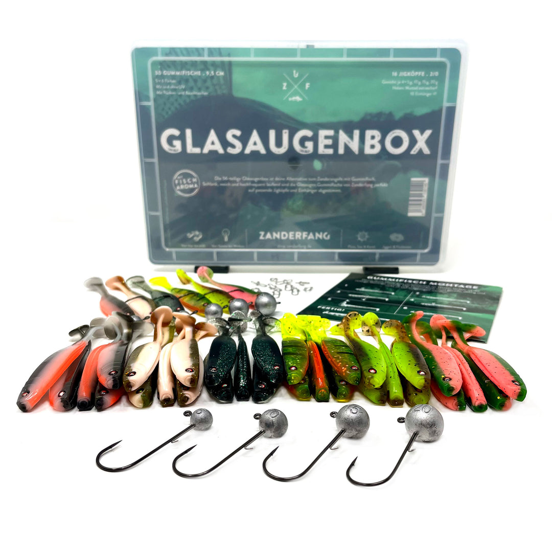 Gummifische 9cm passende Jigköpfe in Glasaugenbox