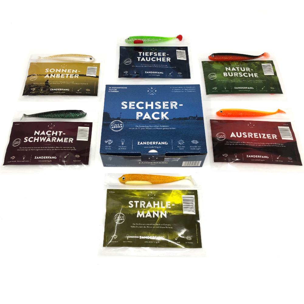 Gummifische zum Zanderangeln mit Gummifisch 24er Set Sechserpack 6 Farben 12,5 cm