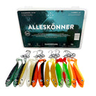Zanderfang 40 Teile Box Gummifische mit Jigköpfen zum Zanderangeln mit Gummifisch | 24 Gummifische: 6 Farben; 12,5 cm | 16 Jigköpfe Größe 4/0: 10-25 Gramm