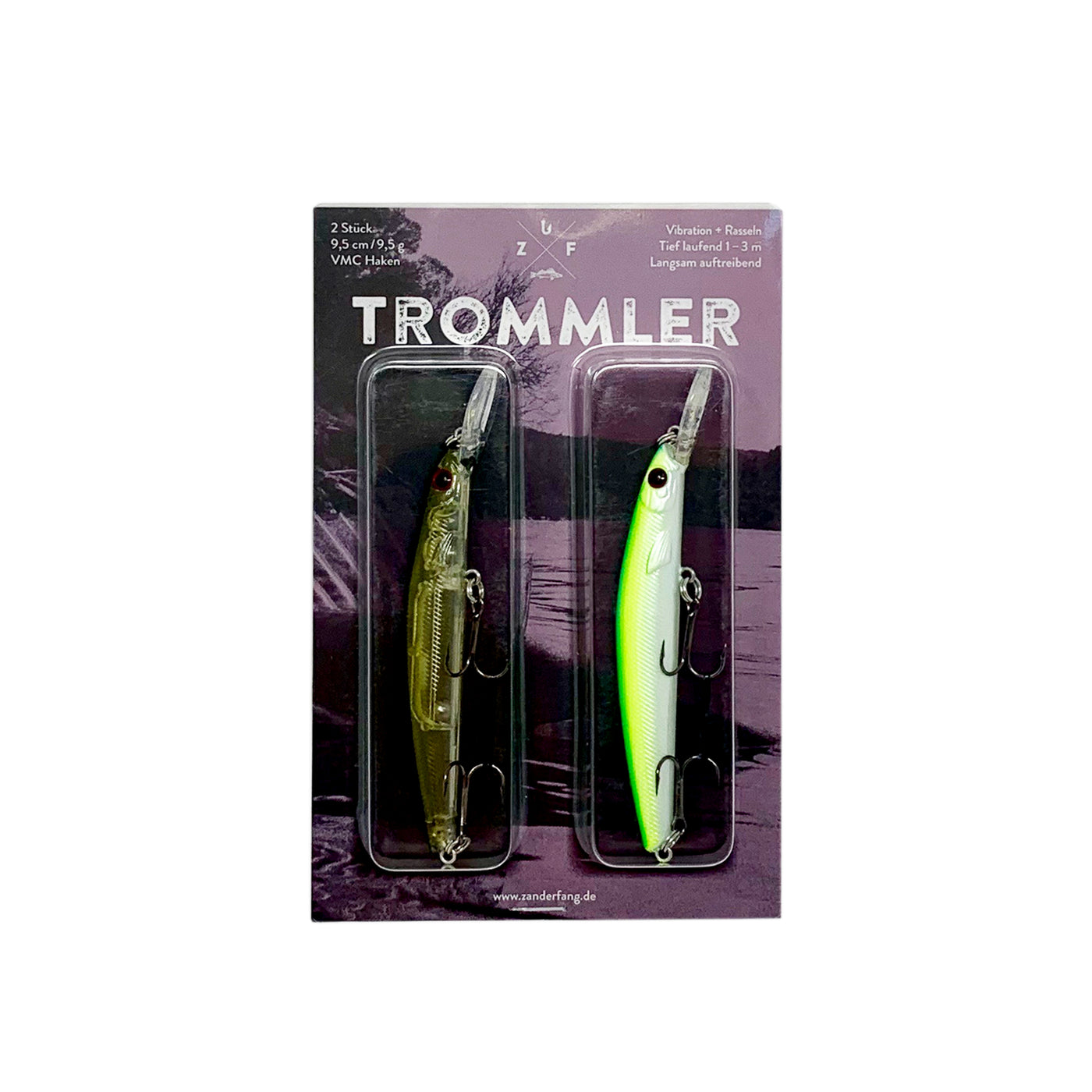 Wobbler für Zander + Barsch, tieflaufend, 2 Stück, TROMMLER 9,5cm | 9,5g | Olive-matt + neon-grün